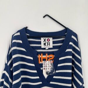 Kerri Rosenthal Knit Striped V Neck Embroidered Font Graphic Sweater Pullover